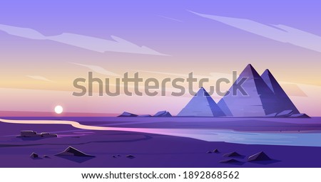 Egypt pyramids and Nile river in dusk desert, egyptian pharaoh tomb complex in Giza plateau illuminated with sunset light under purple sky. Cartoon vector ancient famous touristic african landmark