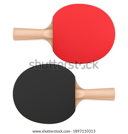 Ping pong paddles, table tennis rackets top and bottom view. Sports equipment with wooden handle and rubber red and black bat surface isolated on white background, Realistic 3d vector illustration 商業照片 © 