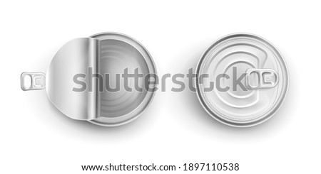 Metal tin can for food isolated on white background. Vector realistic mockup of blank round aluminum container with ring pull on lid, open and closed steel canister top view