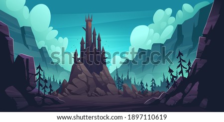 Creepy castle on rock at night, haunted gothic palace in mountains, building with pointed tower roofs, glowing windows and bats flying in dark sky. Fantasy Dracula home, Cartoon vector illustration
