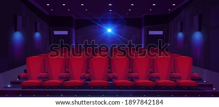 Movie theater hall with seat rows for audience and cinema projector. Vector cartoon illustration of empty auditorium interior with modern red chairs and light from projector