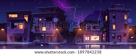 Ghetto street at night rain with lightnings, slum ruined abandoned old buildings flooded with water shower. Dilapidated dwellings stand on roadside with scatter litter, cartoon vector illustration