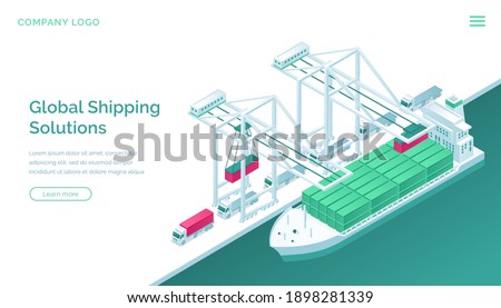 Global shipping solutions isometric landing page. Transport logistics, ship port delivery service company, truck cargo transportation, worldwide export, import industrial business 3d vector web banner