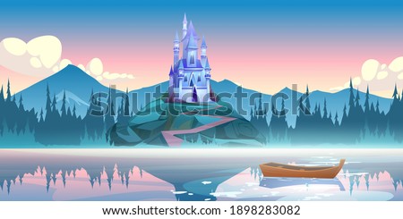 Fantasy blue castle on rock at morning. Vector cartoon mountain landscape with magic royal palace with towers, forest and lake with fog and boat. Fairytale illustration with medieval castle on cliff