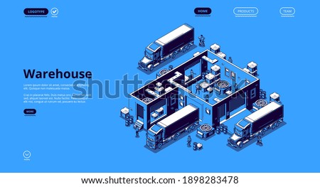Warehouse logistics isometric landing page, workers loading freight in delivery trucks in depot. Goods import and export shipping, ground transportation logistic business 3d vector line art web banner