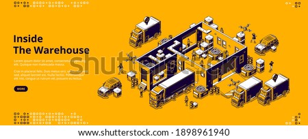 Inside warehouse banner. Logistic infrastructure for storage, distribution and delivery cargo from factory. Vector landing page with isometric storehouse interior, trucks, drones and working people