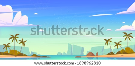 Tropical landscape with sea bay, sand beach, palm trees and mountains on horizon. Vector cartoon illustration of summer seascape with islands or shore of lagoon