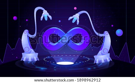 DevOps concept. Development operations, continuous process of software production and administration. Vector cartoon illustration with hologram of lifecycle infinity symbol and robot manipulators