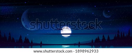 Full moon in night sky with stars and clouds above trees and pond reflecting starlight background. Dark heaven with moonlight romantic fantasy midnight twilight landscape Cartoon vector panoramic view