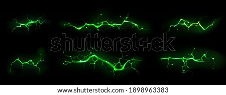 Lightnings, thunderbolt strikes isolated on black background. Vector realistic set of horizontal ground cracks with magic green glow. Electric impact, sparking discharge of thunderstorm at night