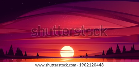 Sunset on lake, red sky with sun going down over the pond surrounded with trees. Beautiful nature scenic landscape background, evening heaven view with shining Sol above water. Cartoon vector illustration