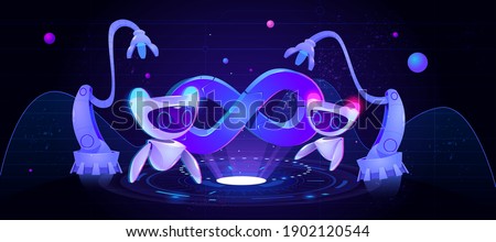 Artificial intelligence robots and cyborg arms at neon glowing hud, technological background with infinity symbol. Futuristic ai concept, devops, robotics and automation, Cartoon Vector Illustration
