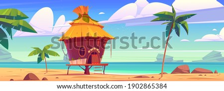 Beach hut or bungalow on tropical island resort, summer shack, wooden house on piles with terrace, palm trees and ocean landscape. Wooden private cottage with thatch roof Cartoon vector illustration