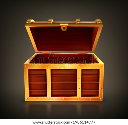 Treasure chest, empty wooden box, open casket with golden details and keyhole. Old trunk for gold or jewelry, pc game item, design element isolated on black background Realistic 3d vector illustration