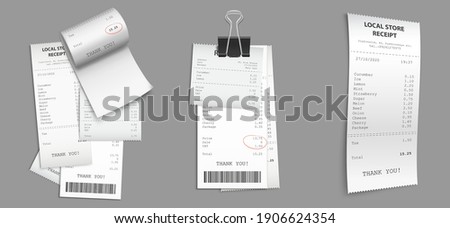 Shop receipts, paper cash checks with barcode. Vector realistic set of purchase bills, pile of printed invoices. Shopping cheques with binder clip isolated on gray background