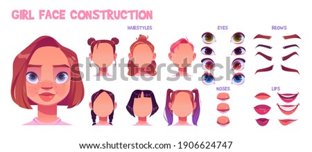 Girl face construction, avatar creation with different head parts isolated on white background. Vector cartoon set of young woman or child eyes, noses, brows and lips. Skin pack for face generator
