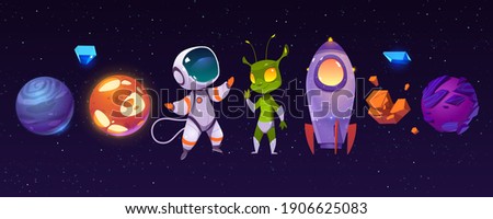 Alien planets, astronaut, funny extraterrestrial and rocket on background of outer space. Vector cartoon set of spaceship, cosmonaut and green alien character in cosmos