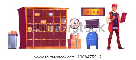 Postman and post office with parcels on shelves, cardboard boxes, computer and mailbox. Vector cartoon interior set of service for delivery and storage mail and orders isolated on white background