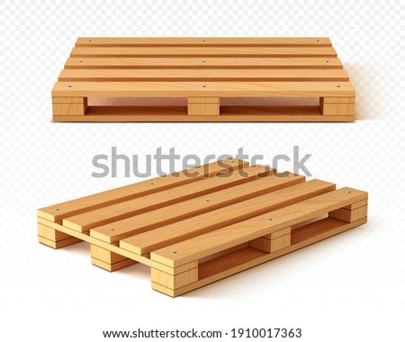 Wooden pallet front and angle view. Wood trays for cargo loading and transportation. Freight delivery, warehousing service equipment isolated on transparent background Realistic 3d vector illustration