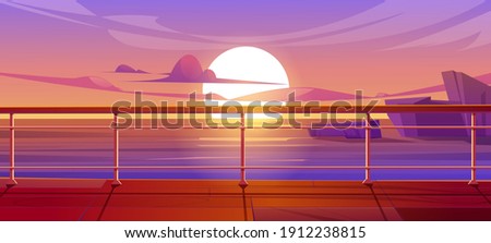 Cruise liner deck or quay on dusk seascape view, empty ship with baluster and wooden floor. Sunset scenery background on luxury sailboat in sea or ocean. Passenger vessel, Cartoon vector illustration