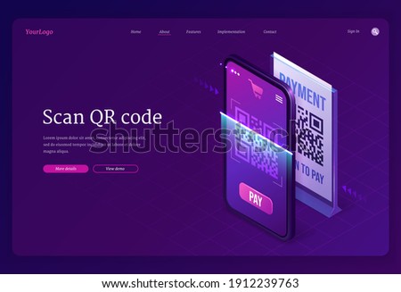 Scan Qr code verification service isometric landing page, machine-readable barcode on smartphone screen. Mobile app for internet business, information, cashless online payment 3d vector web banner