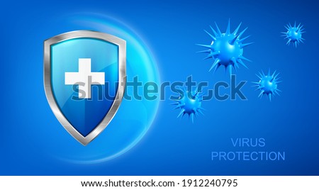 Virus protection banner with shield, cross and bacteria piked cells flying on blue background. Anti bacterial or germ defence, immune system protect medical poster, Realistic 3d vector illustration