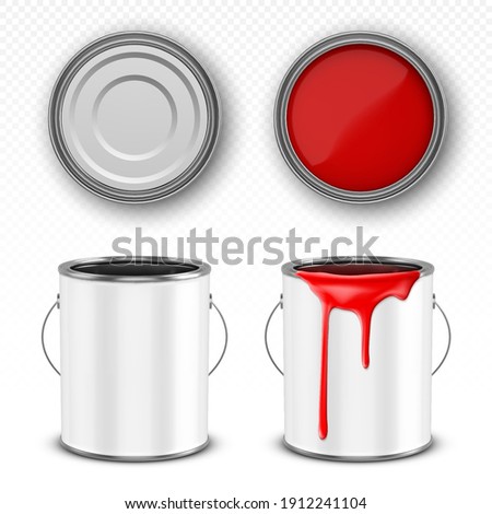 Paint metal bucket, tin can with red ink in front, top and bottom view. Vector realistic 3d mockup of blank steel container with handle and paint drips isolated on transparent background