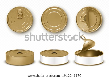 Gold tin cans, fish or pet food mockup with pull ring top and front view. Closed and open empty yellow canned round open key metal jars, isolated aluminium preserve canisters, Realistic 3d vector set