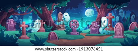 Cemetery with ghosts at night, old graveyard with tombstones in midnight forest with cracked crosses and monuments, grave tombs and spooky spirits Halloween background. Cartoon vector illustration