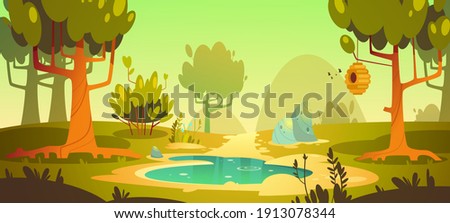 Cartoon forest background with pond or swamp and trail, nature landscape with trees, green grass and bushes. Beautiful scenery view, summer or spring wood or park area with plants, vector illustration