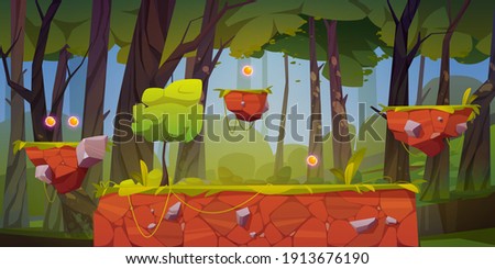 Game level background with platforms and items. Vector cartoon landscape of forest, trees, flying islands with green grass and shiny spheres for gui interface of arcade game