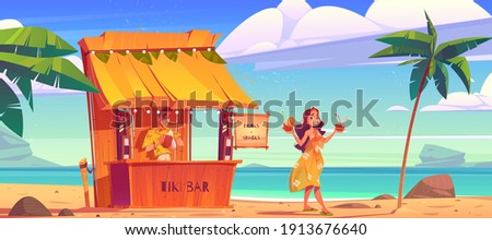 Woman buying cocktail in tiki hut bar with barman on hawaii beach, Smiling girl in summer dress carry coconut drink walking along sandy ocean coastline with palm trees, Cartoon vector illustration
