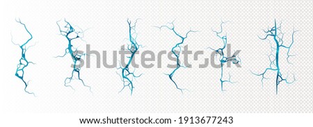 Ground cracks with frozen water inside top view, cracking holes, winter pond surface iced texture. Destruction, split, damage fissure effect isolated on transparent background. Realistic 3d vector set