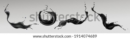 Black liquid splashes, swirl and waves with scatter drops. Paint, oil or ink splashing dynamic motion, design elements for advertising isolated on transparent background Realistic 3d vector icons set