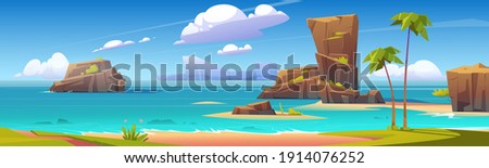 Sea beach, rock islands in water and clouds in blue sky. Vector cartoon summer landscape of ocean shore, mountains, green grass and palm trees on sand beach. Seascape panorama