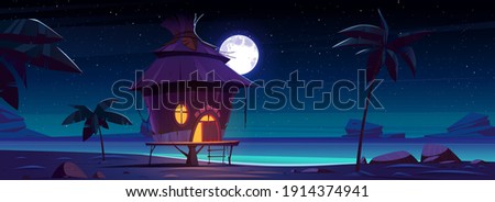 Beach hut or bungalow at night on tropical island, summer shack with glow window under full moon starry sky at ocean coastline, wooden house on piles with terrace near sea, Cartoon vector illustration