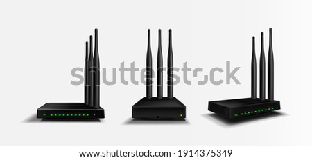 Wifi router front, angle and side view mockup, black home device with three antennas and glow green indicators for wireless internet connection. Modern technology, Realistic 3d vector isolated mock up