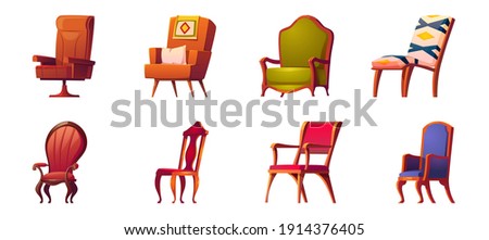 Armchairs for office and home interior isolated on white background. Vector cartoon set of wooden chairs with arms, comfortable seats for living room. Modern and vintage furniture for work and lounge