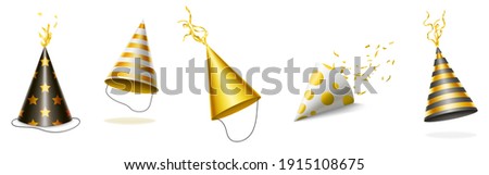 Party hats with gold and black stripes, dots and stars for birthday celebration. Vector realistic set of funny cone head caps with golden ribbons for holidays and festive isolated on white background