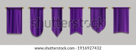 Purple pennant flags, quilted textile pendants for sport teams, varsity or heraldic symbols. Vector realistic template of blank hanging pennons on gold pin isolated on transparent background