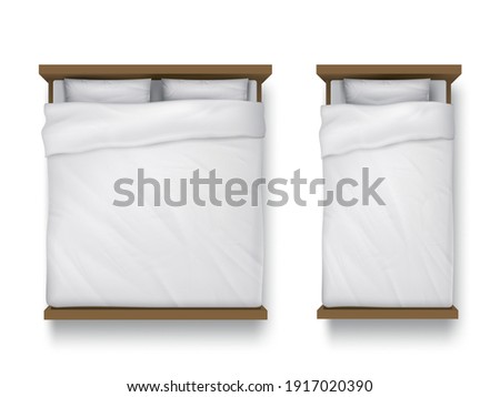 Single and double beds with white sheet, pillows and duvet top view. Vector realistic mockup of blank linen on wood beds, 3d furniture for sleep isolated on white background