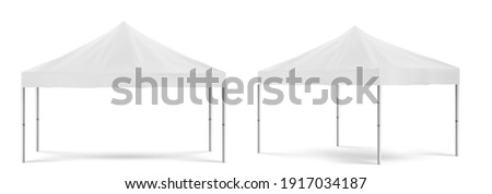 White folding promotion tent, outdoor mobile marquee for marketing exhibition or trade in front and angle view. Vector realistic mockup of blank festival awning for party isolated on white background