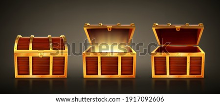 Wooden chest with open and closed lid. Pirate treasure box with magic glow inside. Vector realistic set of old wood trunk with golden fetter. 3d empty vintage coffer isolated on dark background