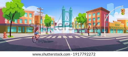 People on city street with crossroad, buildings and bridge. Citizen on transport intersection crossing zebra on bike, enjoy walking. Urban architecture with green trees. Cartoon vector illustration