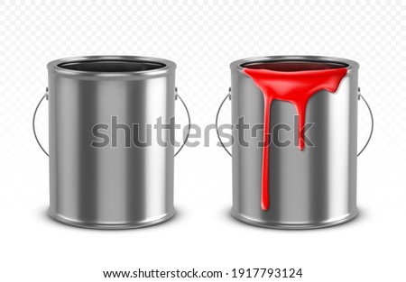 Paint can, tin bucket with red dripping drops, empty and filled metal pots, silver colored containers with dye for renovation works isolated on transparent background, Realistic 3d vector illustration