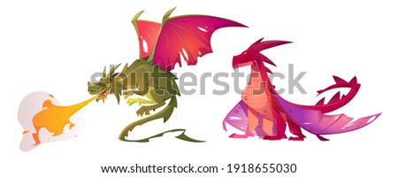 Fairy tale dragons, magic creature with tail and wings. Vector cartoon illustration of fire breathing monsters from medieval mythology, fantasy red and green flying beasts isolated on white background