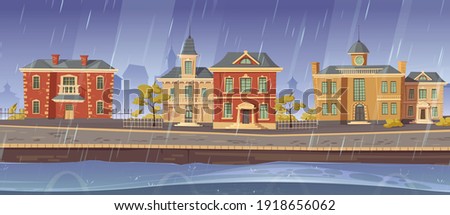 Rain and wind in old town with retro european buildings and lake promenade. Vector cartoon rainy cityscape with vintage architecture, stone road, empty river quay and gloomy sky