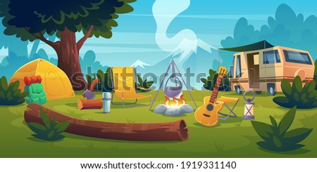 Summer camp with bonfire, tent, van, backpack, chair and guitar. Vector cartoon landscape with mountain, forest and campsite. Equipment for travel, hiking and activity vacation