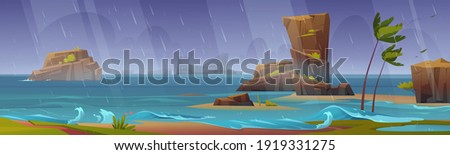 Tropical storm on ocean beach with palm trees bending and rocks around. Hurricane rage on sea with splashing waves and rain shower falling from dark sky, nature disaster, Cartoon vector illustration