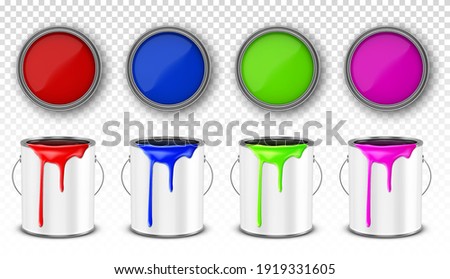 Paint metal bucket, tin cans with red, blue, pink and green ink in front and top view. Vector realistic 3d mockup of open steel containers with handle and paint drips isolated on white background